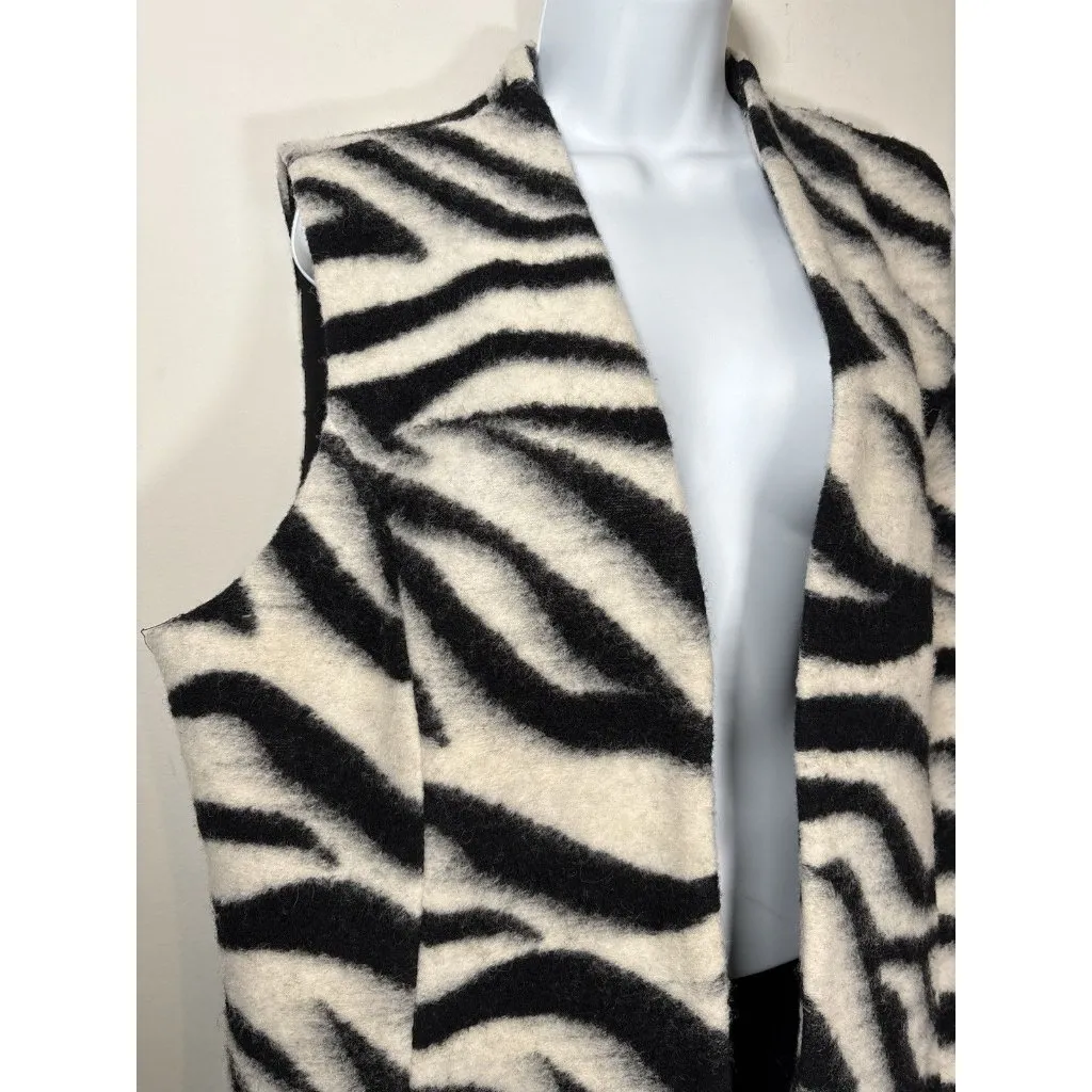 CHICOS Zebra Animal Faux Fur Wool Blend Vest Black White Size 2 US 12 Large - Image 2