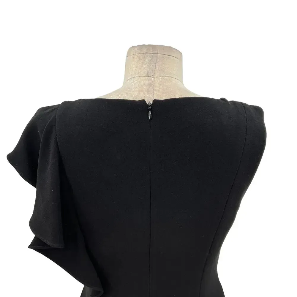 Rickie Freeman‎ for Teri Jon Black Asymmetric Ruffle Sleeve Sheath Dress Size 6 - Image 7