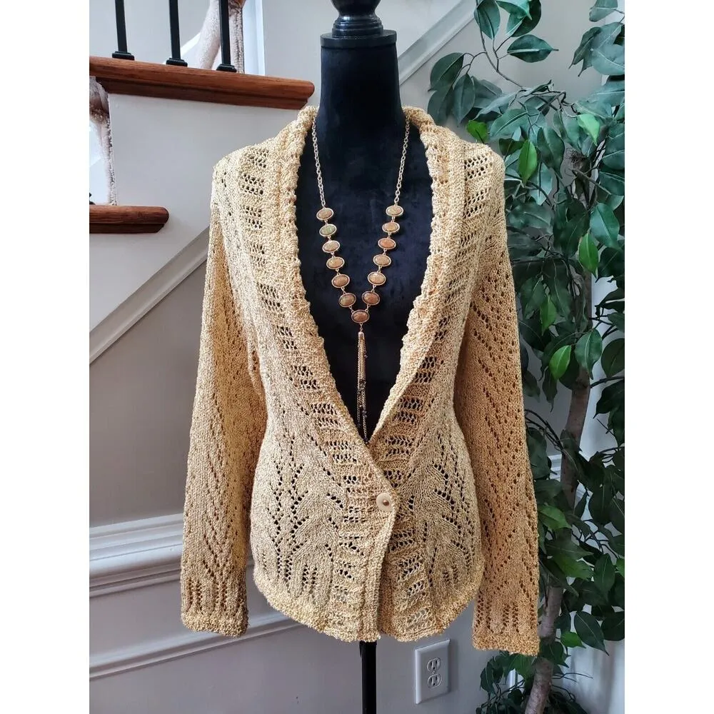 Coldwater Creek Women's Yellow Cotton Long Sleeve Cardigan Knit Sweater Size L - Image 8