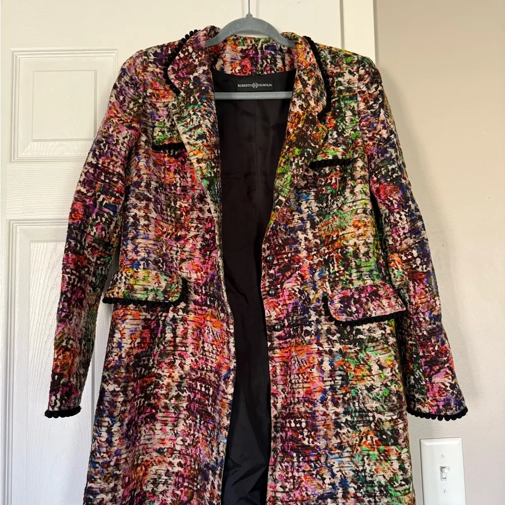 Roberto Quaglia 70% Wool Blend Artists Dream Colorful Tweed Long Blazer Coat Red Size M - Image 5