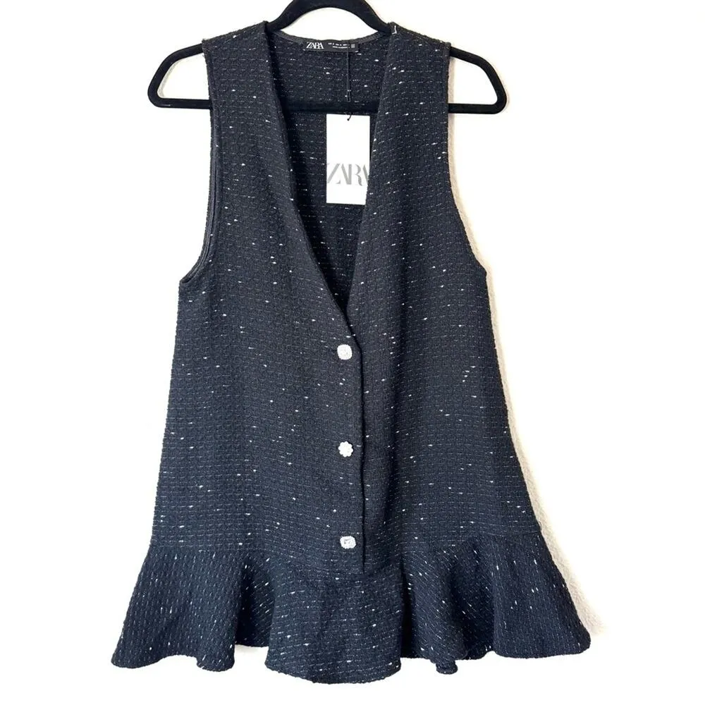 ZARA Black Tweed Rhinestone Button Mini Dress Size Small - Image 2