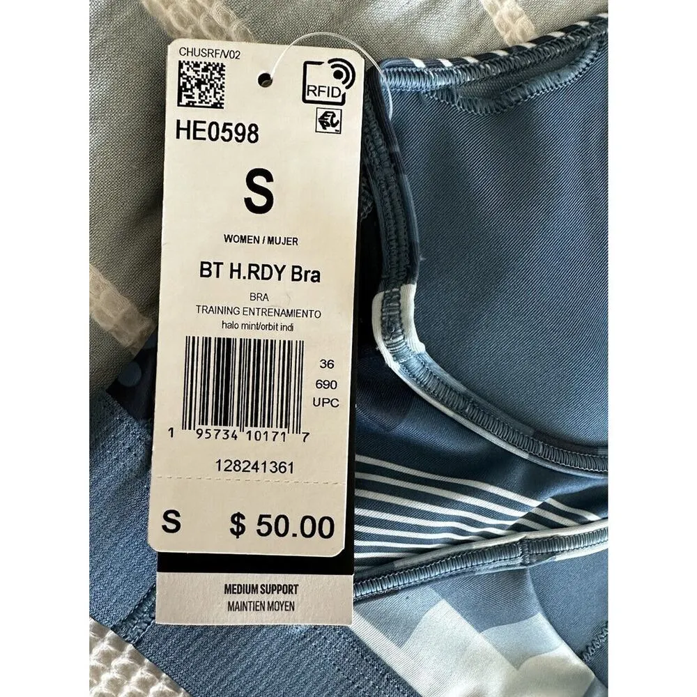 New Peloton Adidas BT H.RDY Sports Medium Support Bra Blue Print Racerback Small - Image 3