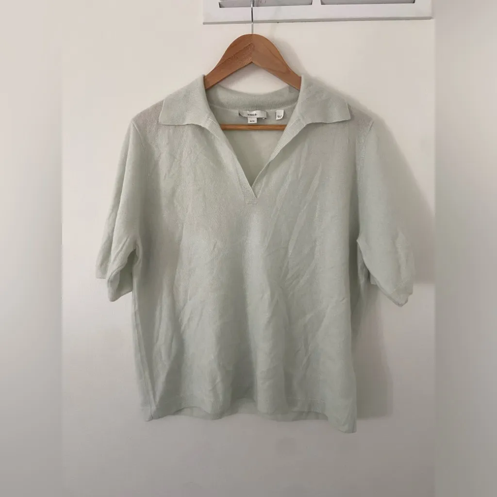 Vince Womens Cashmere-Silk Short-Sleeve Polo Sweater Size XL light Green - Image 4