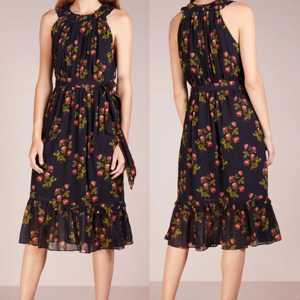 POINT SUR J. CREW PETITE High Neck Ruffle Floral Dress Navy Blue Midi 6P NO BELT - Image 4