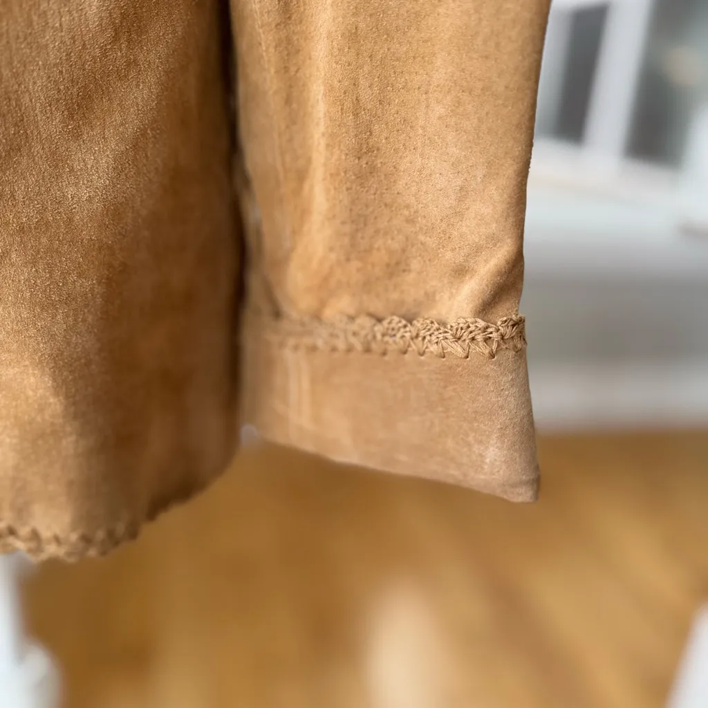 Coldwater Creek Tan Genuine Suede Leather Crochet Boho Shacket Jacket Medium - Image 7