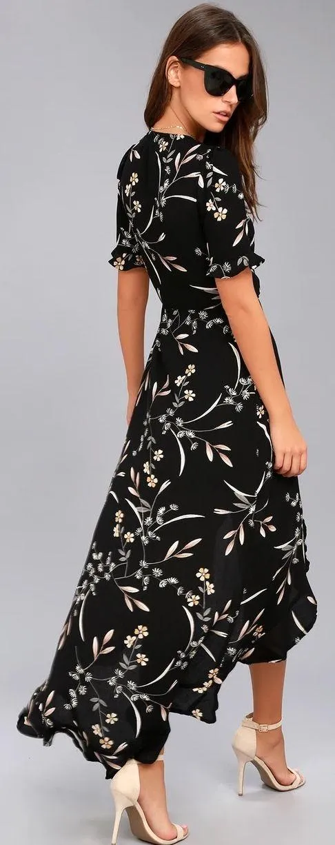  Wild Winds Black Floral Print High-Low Wrap Dress - Image 2