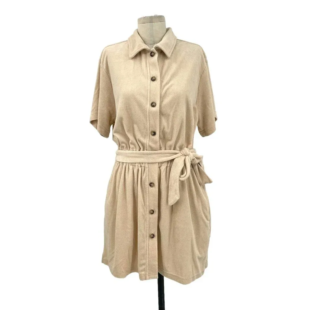 Araminta James Shirt Dress Terry Cloth Toweling‎ Biscuit Cream Tan Size Large - Image 3