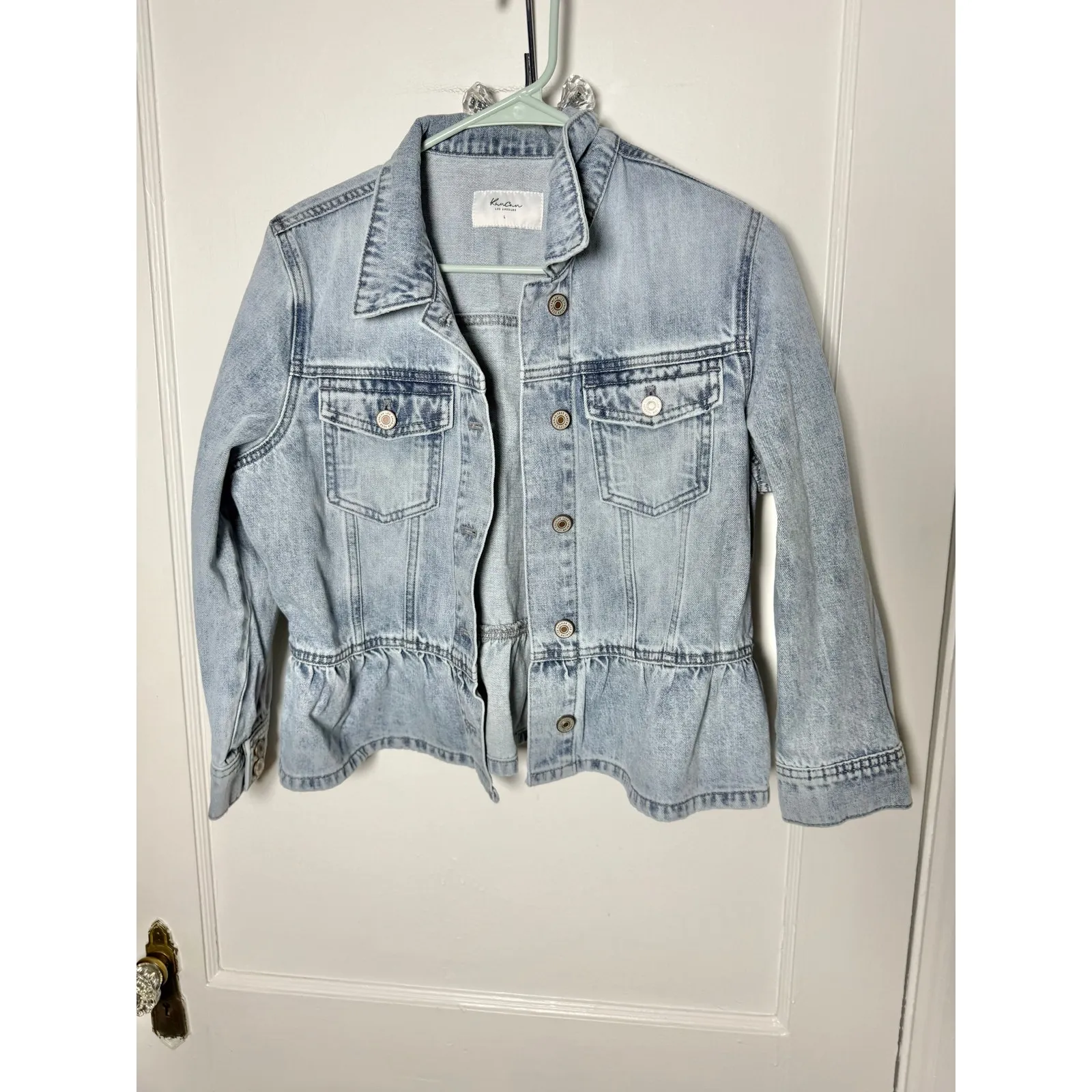 Kancan Light Wash Peplum Denim Jean Jacket Women's Size Large Blue - Image 2