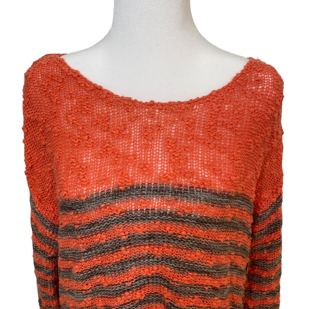 Free People Sweater Striped Crochet Knit Boatneck Cotton Long Sleeve Coral XS - Image 7