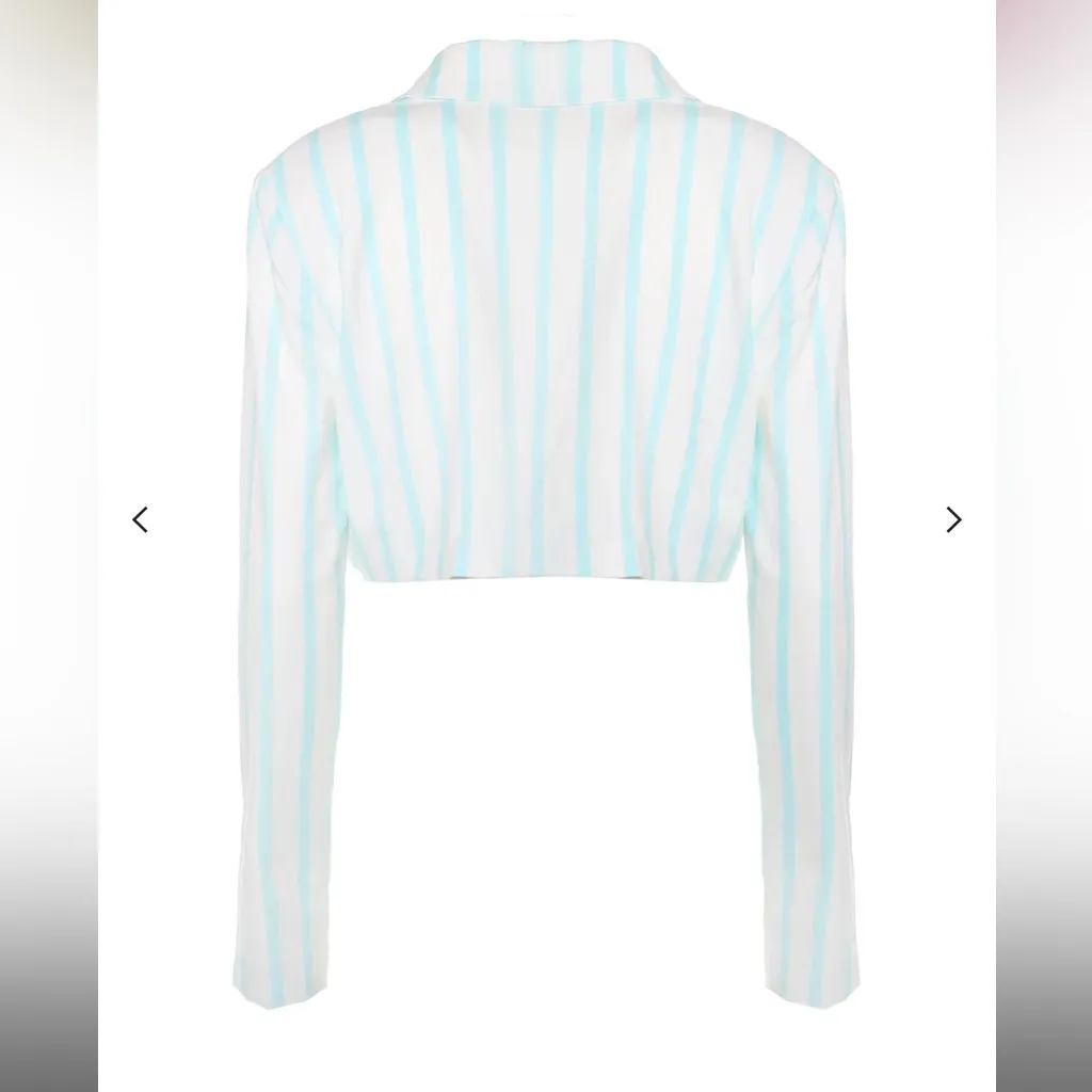 NWOT For Love and Lemons Aqua White Striped Cropped Linen Blazer Jacket Small - Image 8