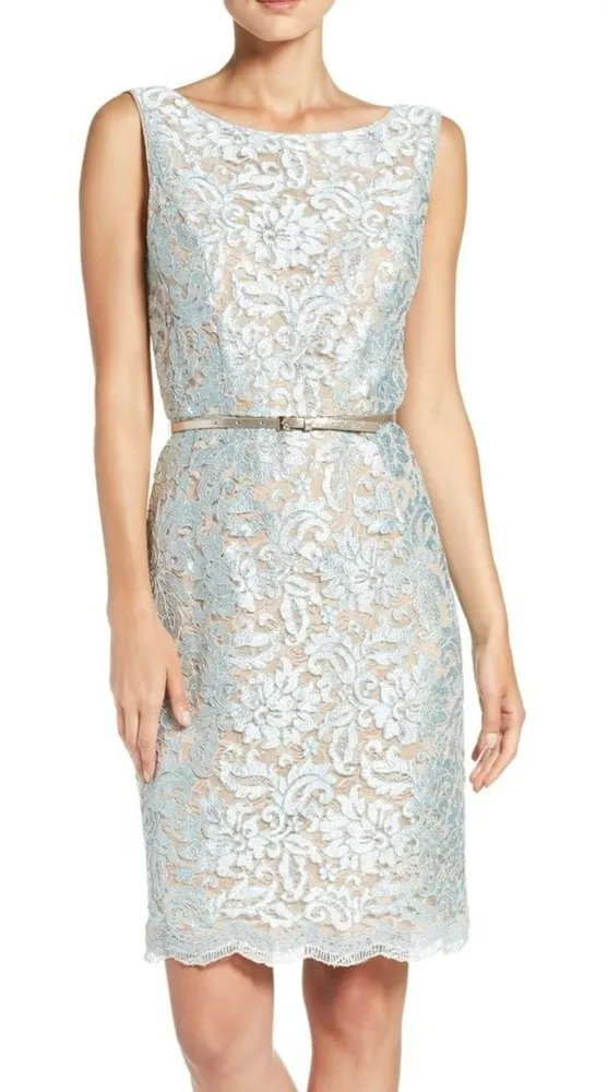 Women’s size 8 Ellen Tracy nude light aqua blue lace overlay dress sequence READ - Image 1