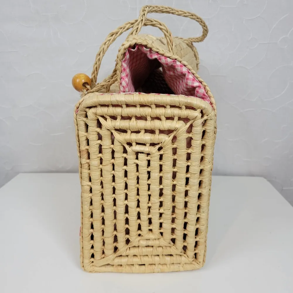 Vintage Woven Straw Seagrass Picnic Basket Bag Cotton Lined Beach Summer Day Out - Image 2