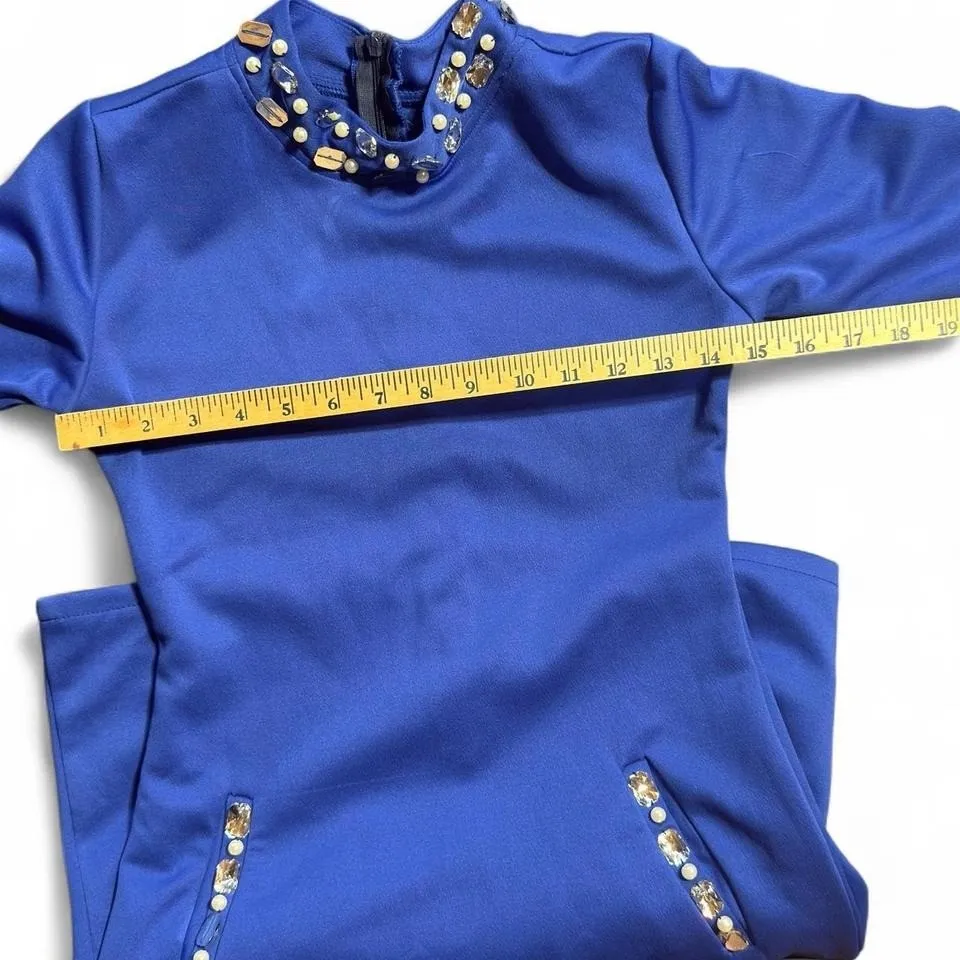 Y2K Blue Embellished Mini Dress – Womens Small – Rhinestone Mock Neck - Image 5