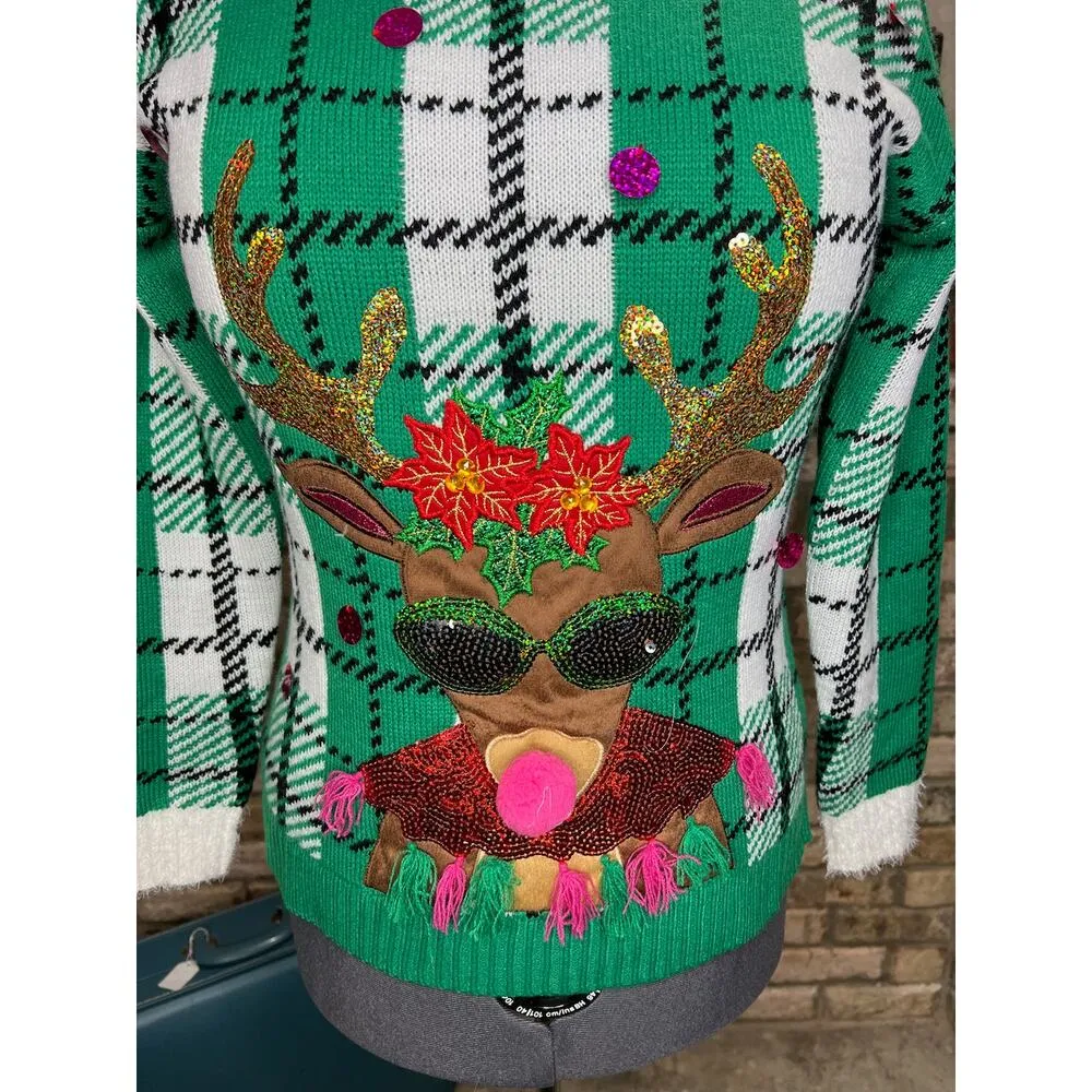 Celebrate together ugly christmas sweater reindeer rudolph plaid red green pink Size XS - Image 5