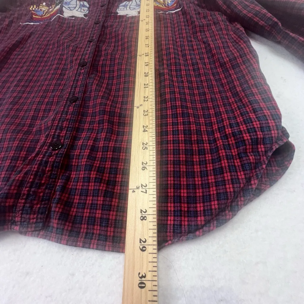 Vintage BOBBIE BROOKS Shirt Red Plaid Snow Man Sledding 14/16W Button Up 90s Size 14W - Image 6