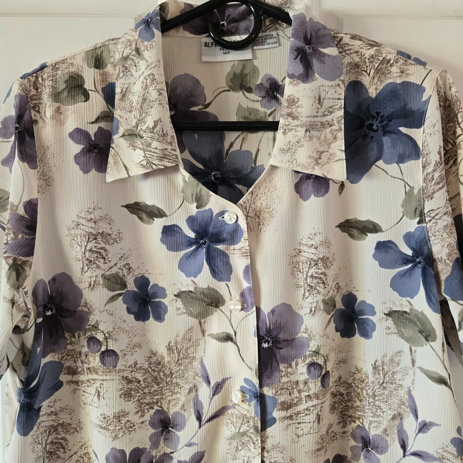 Vintage Alfred Dunner Petite 14P Floral Button Up Blouse Shoulder Pads Crinkle - Image 2