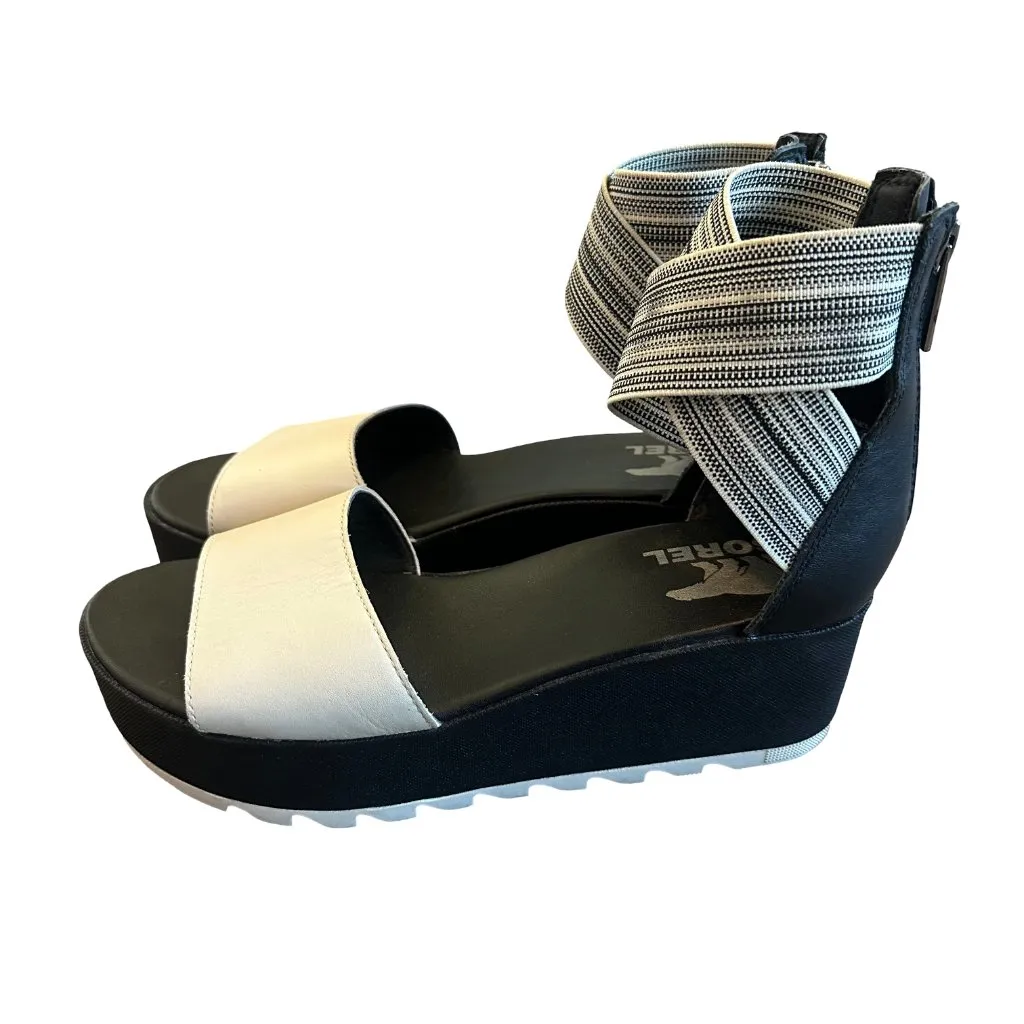Sorel Cameron Flatform White Black Sandals Stretch Ankle Strap Size 8 Women's - Image 4
