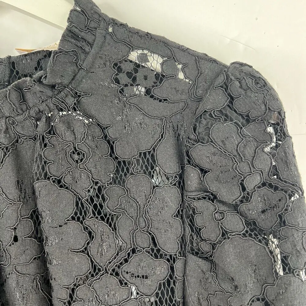 WAYF Size L Erika Black Puff Sleeve Lace Top Neck Bow Tie Sheer Sexy Long Sleeve - Image 4