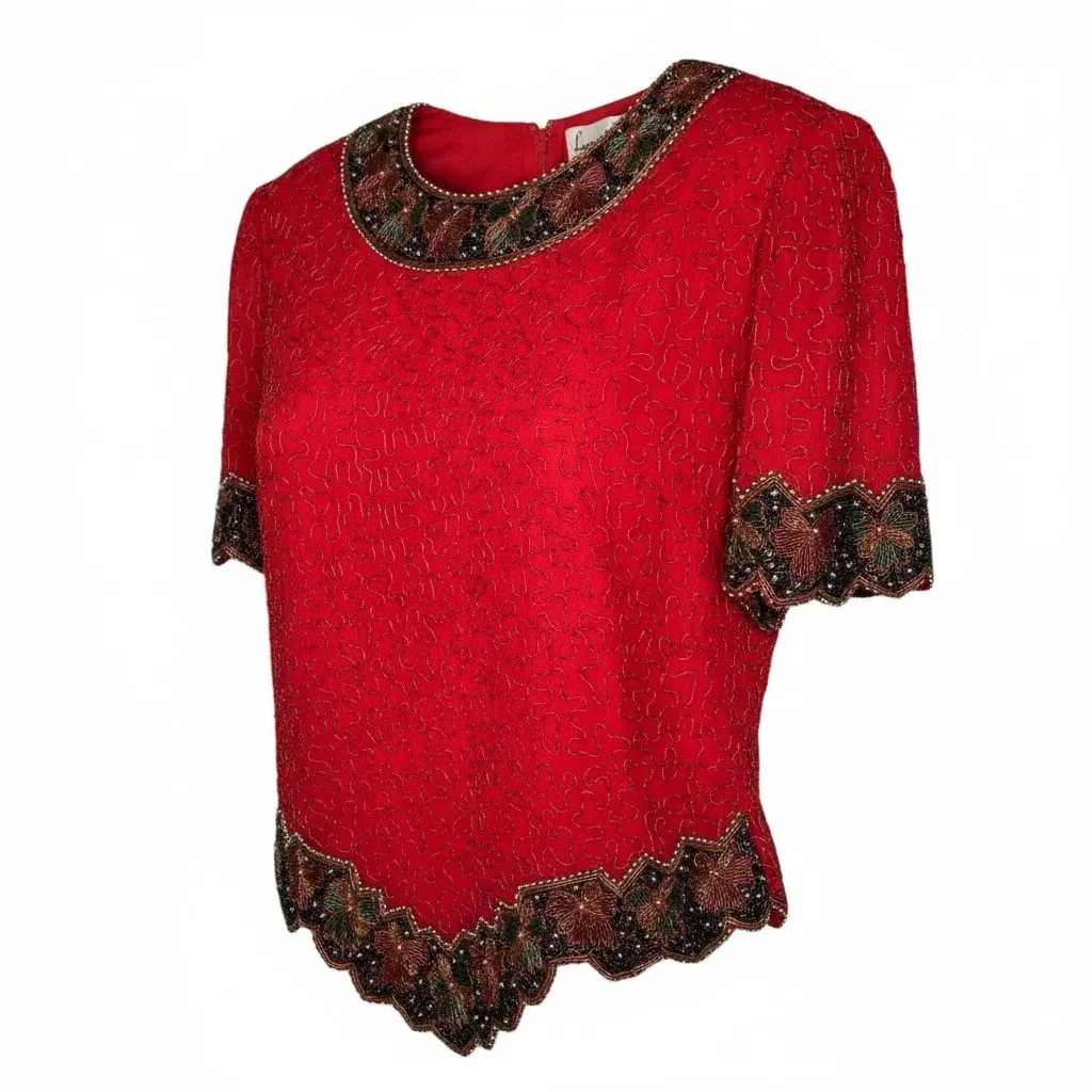 Vintage Laurence Kazar Red Beaded Embellished Silk Top Women Size Petite Large - Image 2