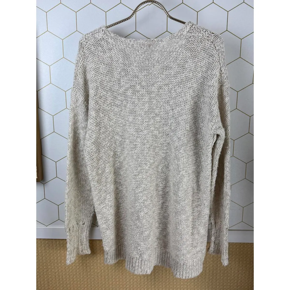 Rebecca Taylor Cream Long Sleeve Metallica Distressed Sweater - Size - Large - Image 7