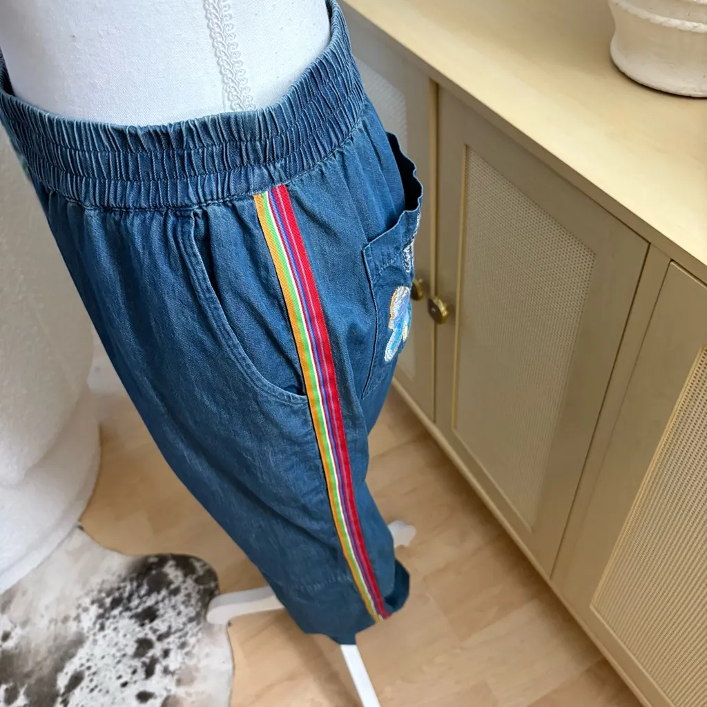 JOHNNY WAS Wide Leg Denim Blue Paradiso Pull On Pants Embroidered‎ Size Small - Image 5