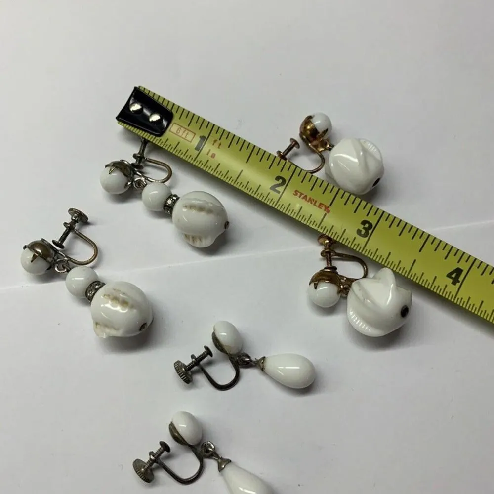 Lot Of 3 Vintage WHITE MILK GLASS Dangle Non Pierced Screw On Costume Earrings - Image 11