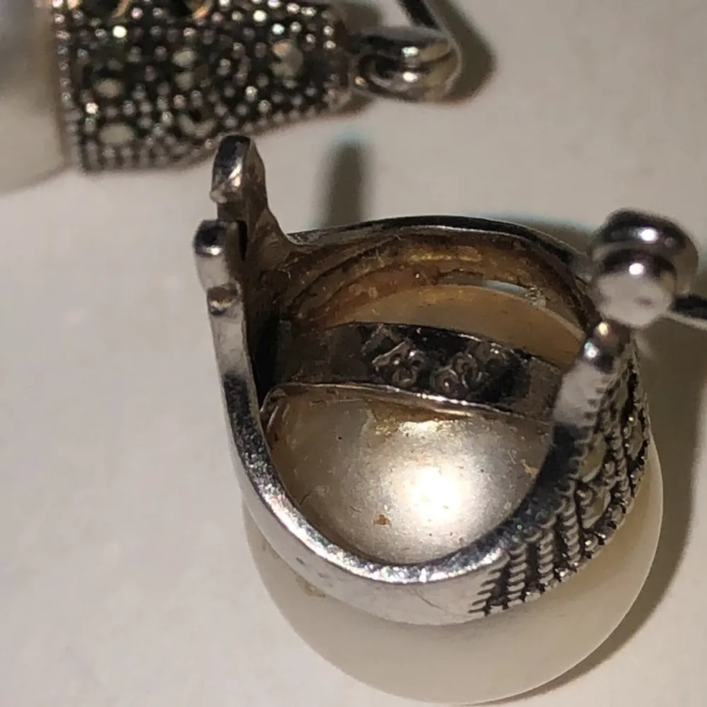 Sterling Silver FAS 925 Faux Pearl Marcasite Dainty Boho Pierced Earrings - Image 7