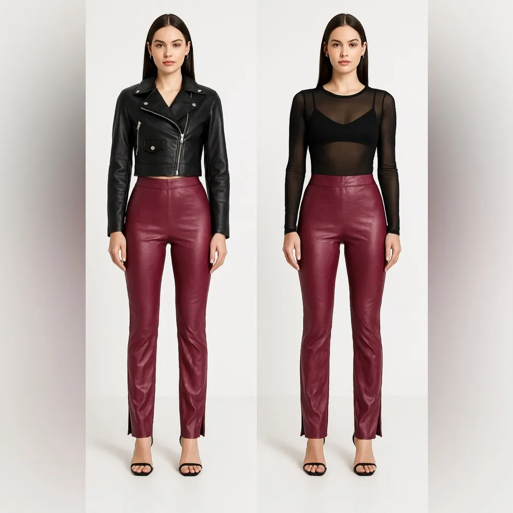Sbetro Vegan Leather Pants Red S Slit Hem Rock Moto Biker Grunge Goth Edgy Prep - Image 2