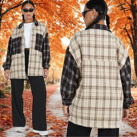 Princess Polly Myley Oversized Shacket in Brown and Tan Plaid Women's Size XS/S - Image 2