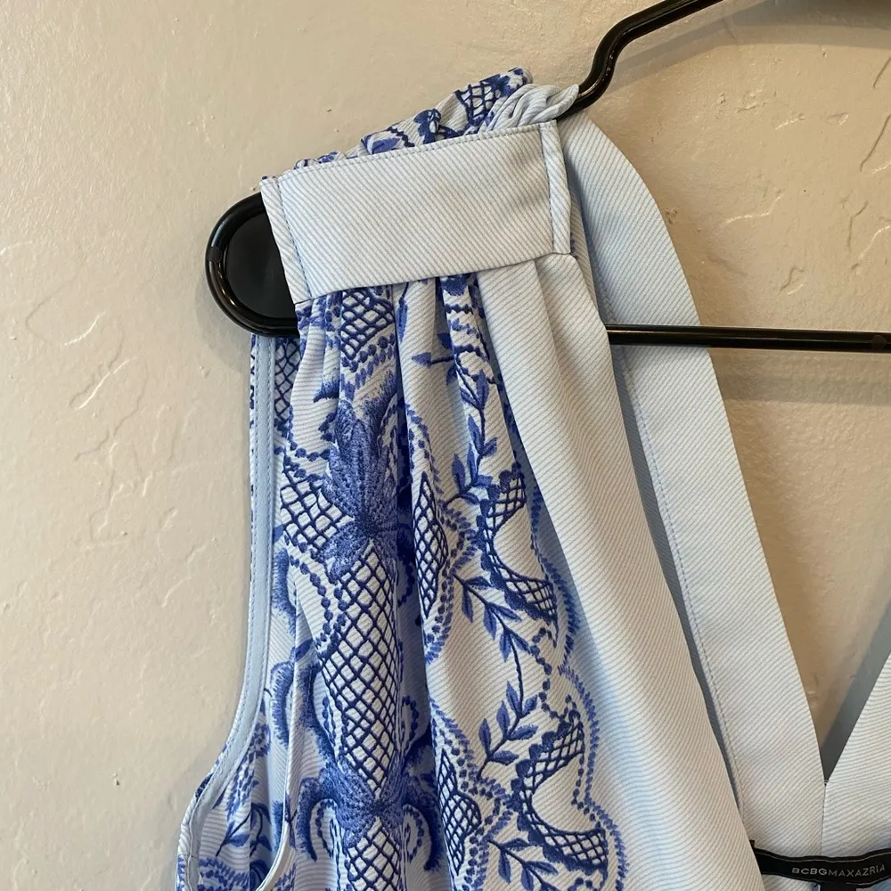 BCBGMaxAzria V-Neck Floral Scarf Print Vance Tie Waist Romper - Light Oasis Blue - Image 8