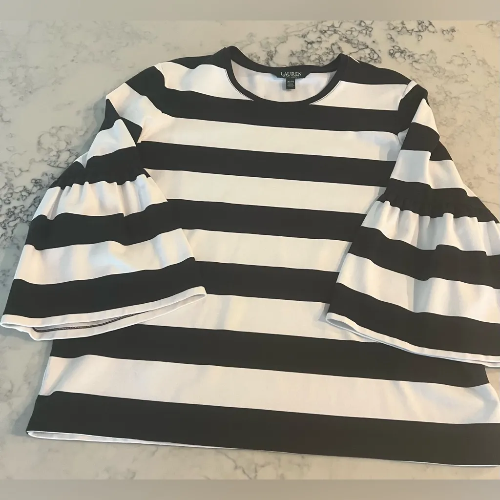 Lauren Ralph Lauren Striped Bell Sleeve Knit Top Black White Size XL EUC - Image 9