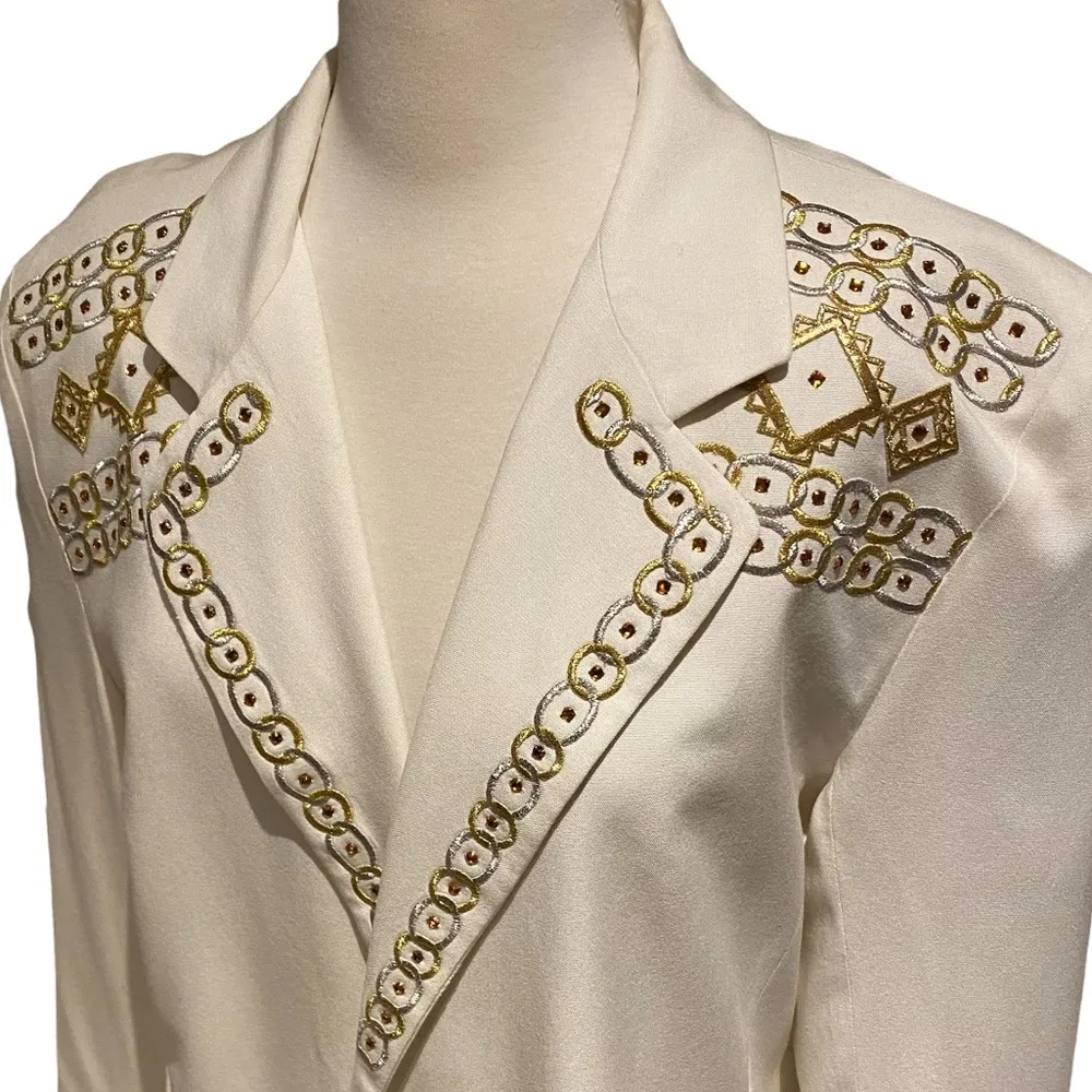 Vintage Embroidered Embellished Off White Oversized Blazer Size Large - Image 13