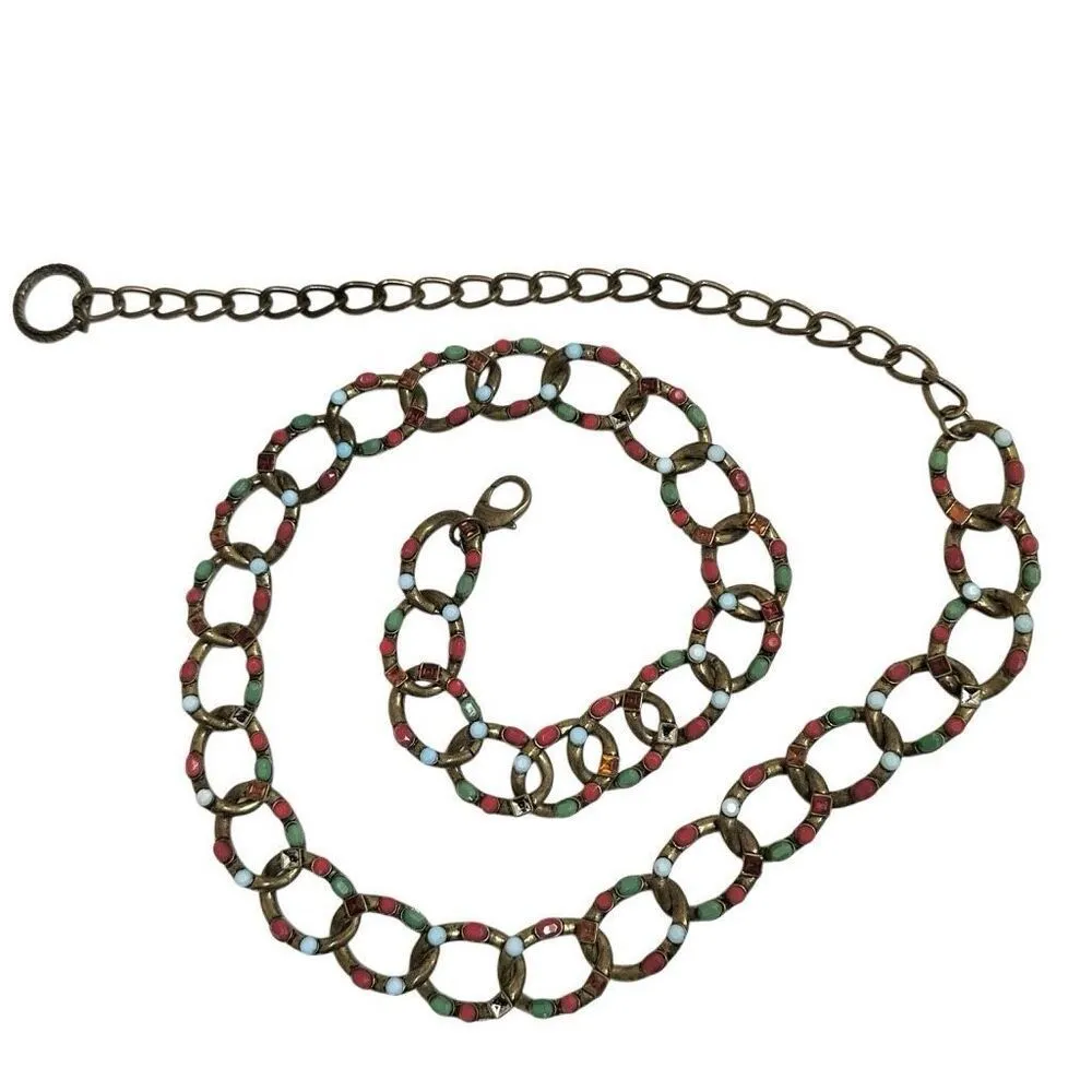 Vintage antiqued gold tone jeweled adjustable chain belt - Image 4