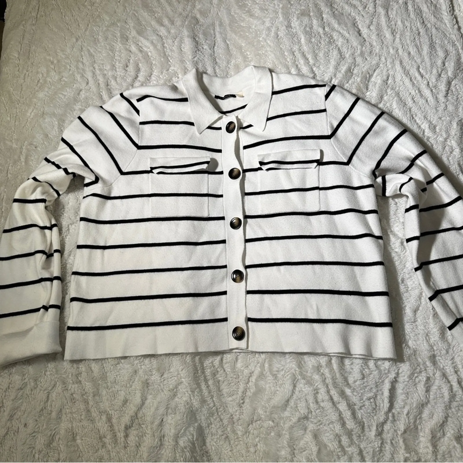 Tahari Size XL White Black Stripe Cropped Boxy Thin Sweater Business Chic Classy - Image 10