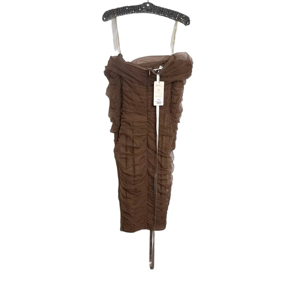 NWT House of CB London Anais Brown Tulle Off Shoulder Ruched Dress Size XS - Image 4