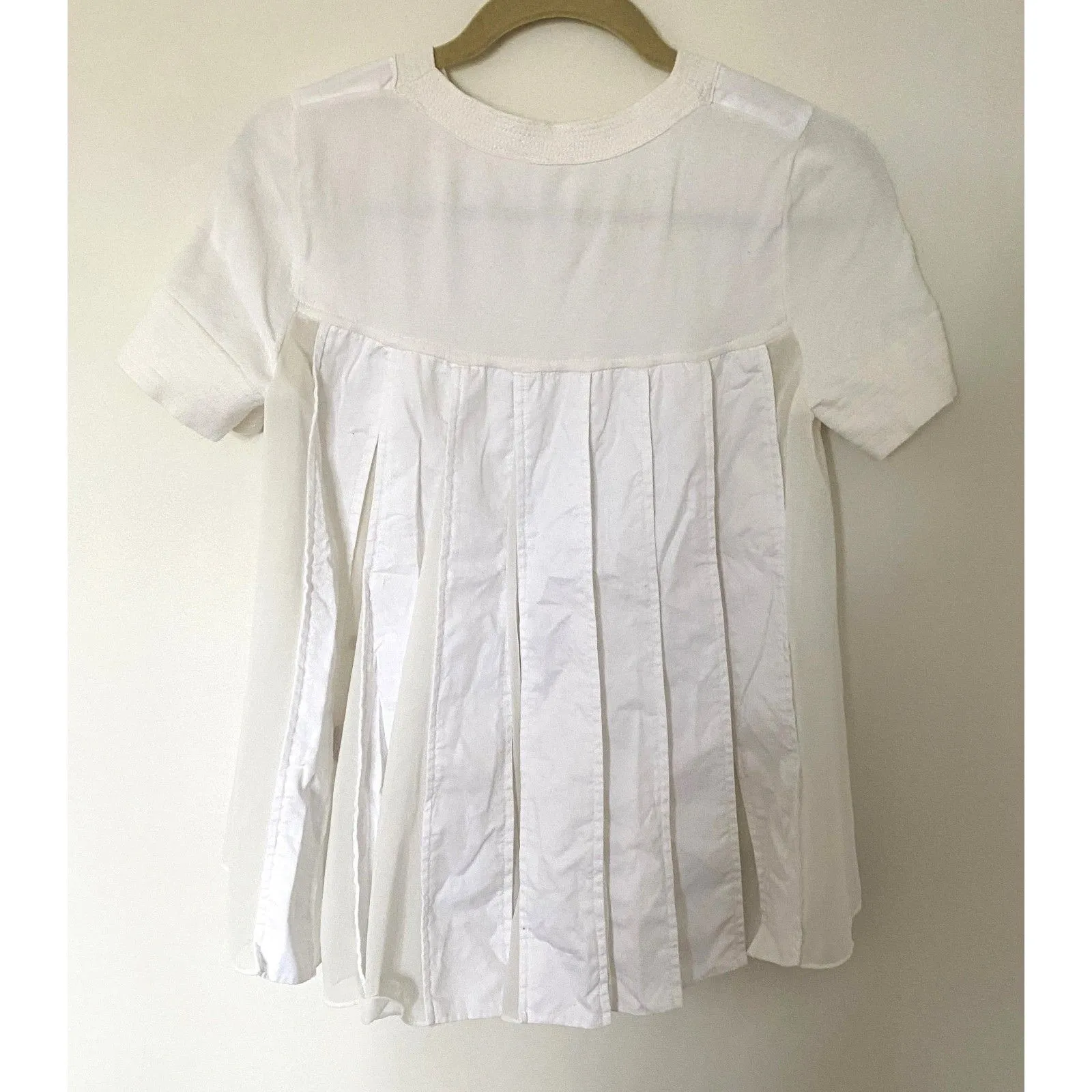 Anthropologie Moth Knit Chiffon Blend High Low Top Faux Pockets Pleated Back XS White - Image 2
