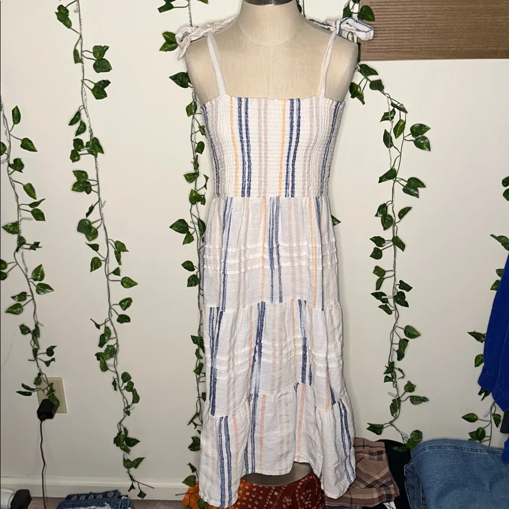 Rip Curl Women’s Midi Dress Small White Blue Stripe Sleeveless Tiered Smocked - Image 3