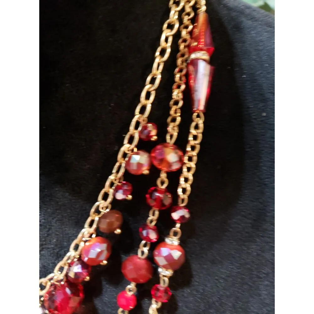 Ali Khan Womens 3 Strand Gold Tone Red Beads Aurora Borealis Necklace Jewelry - Image 4
