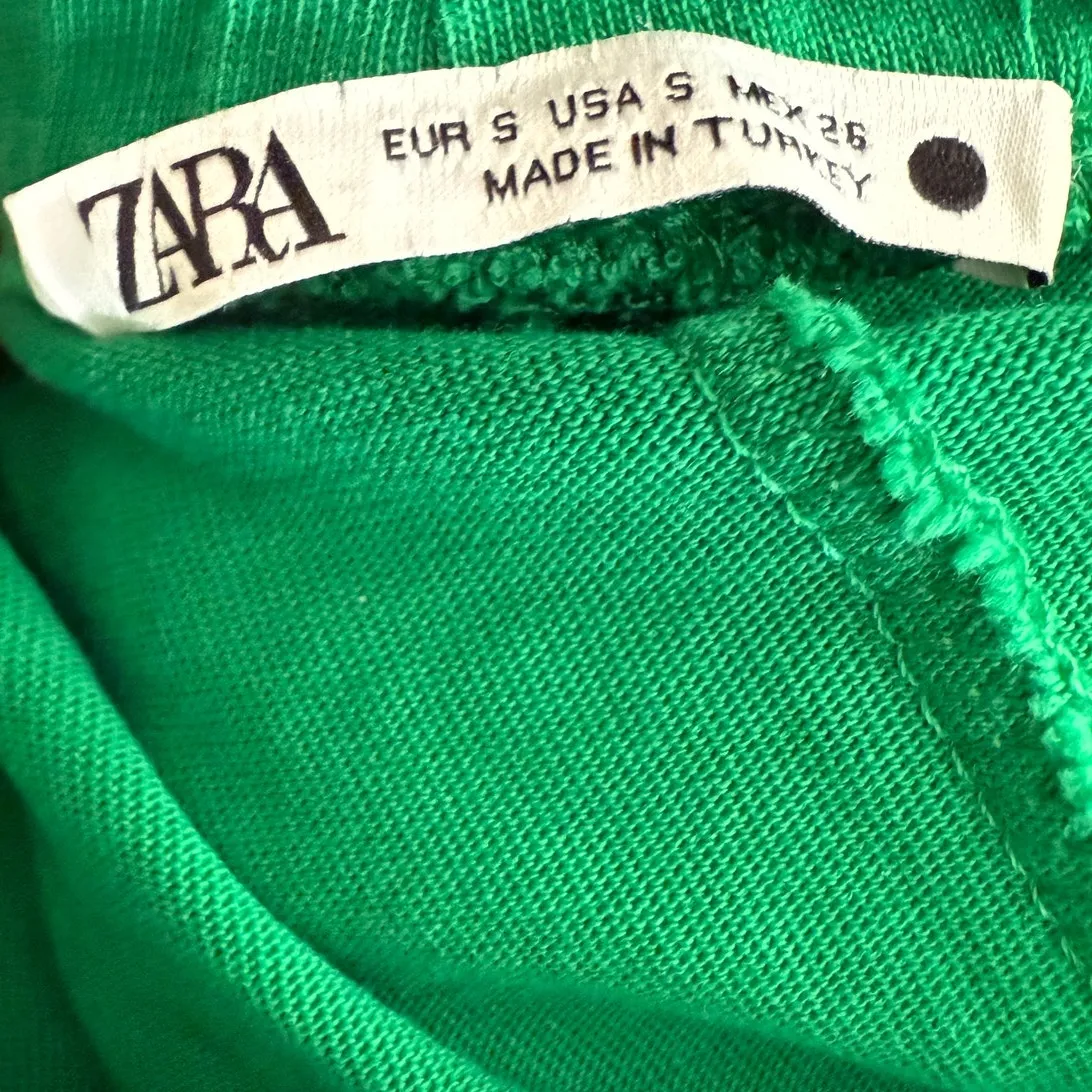 Zara Wide Leg High Rise Tie Waist Stretch Pull On Trouser Pants S Kelly Green - Image 7