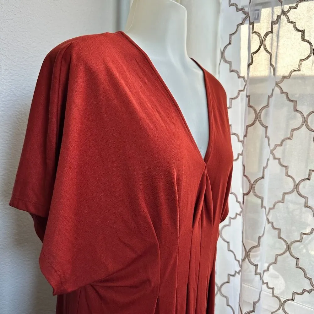 Rust Red V-Neck Maxi Dress With Pleated Front Detail & Short Sleeves - Image 6