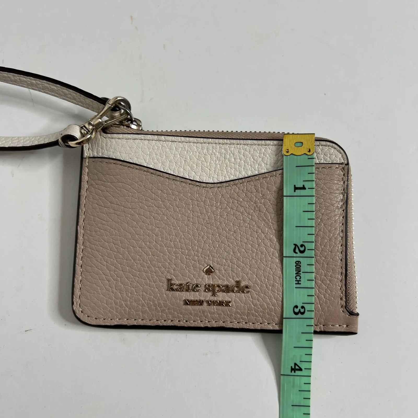 Kate Spade Pebbled Leather Card Case Wallet Zip Coin Cardholder Beige Taupe - Image 8