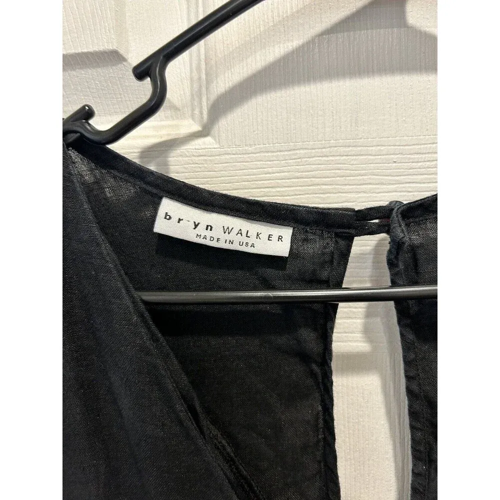 Bryn‎ Walker 100% LINEN JUMPSUIT Size Large Cinched Waist Short Sleeve Black - Image 4