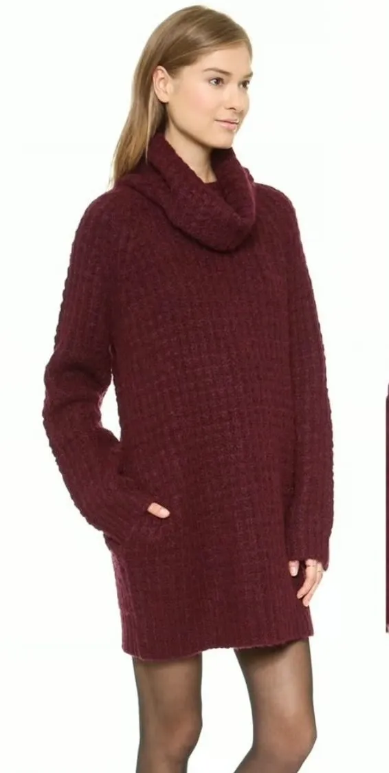 Elizabeth and James alpaca wool knit Burgundy Turtleneck chunky Sweater Dress M - Image 1