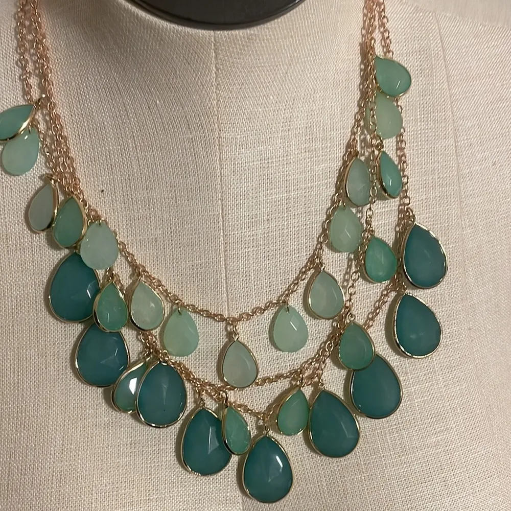 Massini necklace Turquoise Aqua 2-Tier Faceted Teardrop goldtone Statement New - Image 5