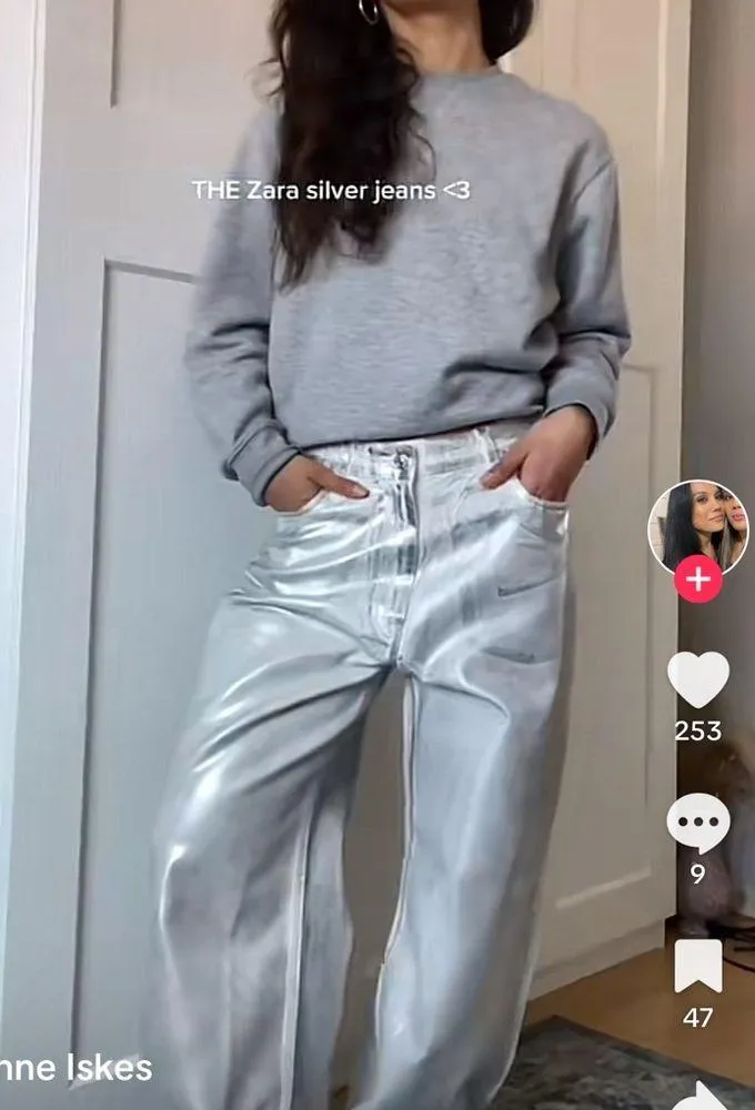 Zara Silver Metallic ZW BOYFRIEND MID-RISE STRAIGHT LEG RELAXED JEANS Size 8 NEW - Image 2