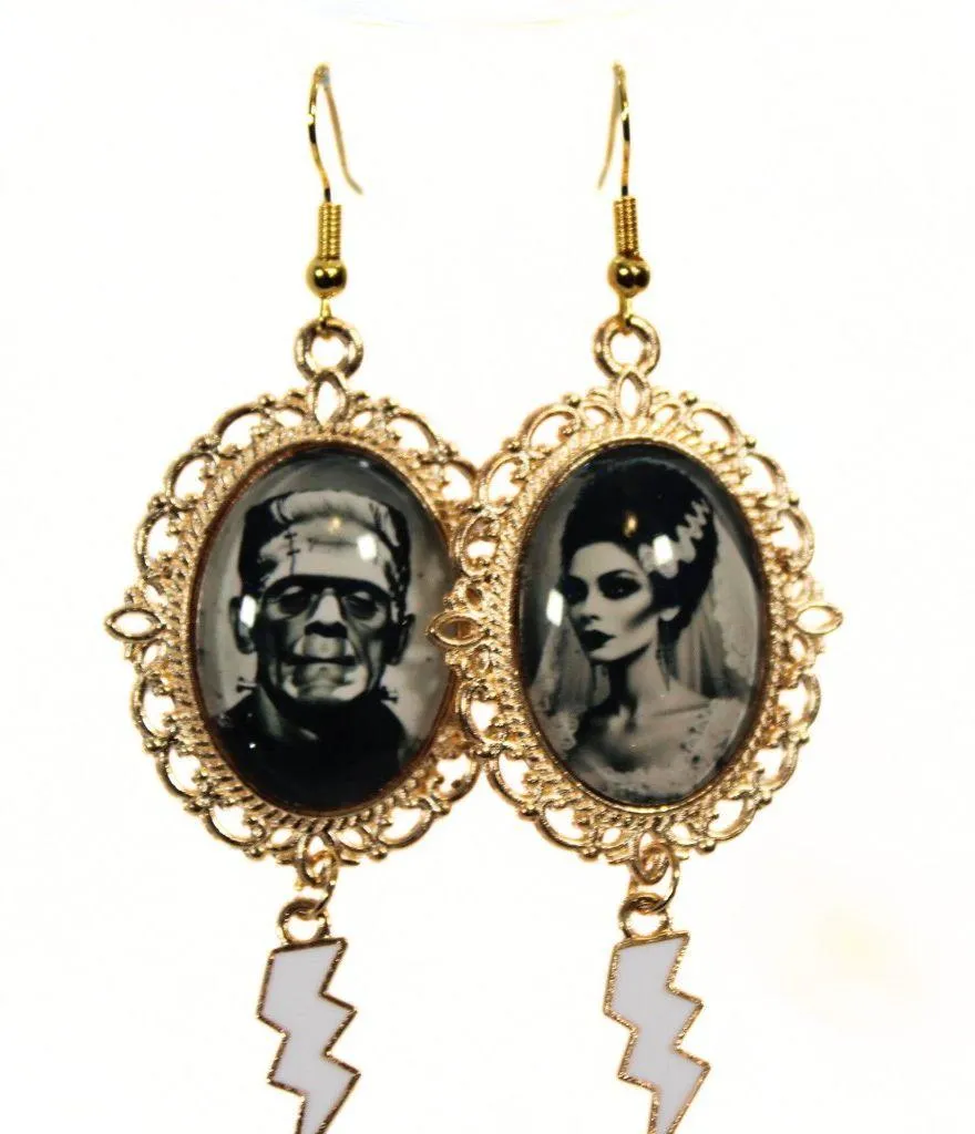 Gothic Victorian "Bride & Beast" Goth Monster Cameo Mismatched Earrings - Image 3