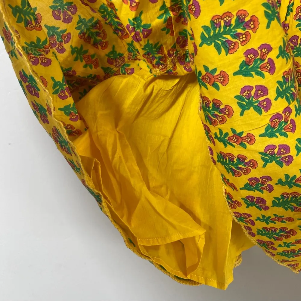 Maisie Yellow boho block print ruffled tassel tie puff sleeve mini dress XS - Image 13