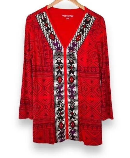 Soft Surroundings Kalahari red embroidered V neck long sleeve tunic top boho M - Image 1