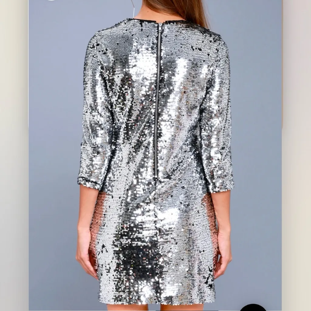Lulus Main Event Silver Sequin 3/4 Sleeve Sheath Dress‎ MEDIUM - Image 4