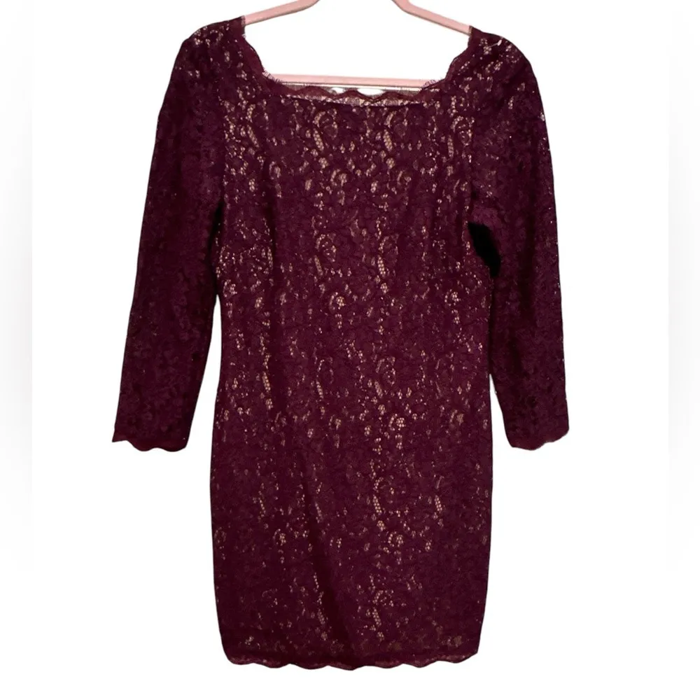 Adrianna Papell Oxblood Burgundy Maroon Eyelash Lace Knee-Length Dress V-back 8 - Image 4